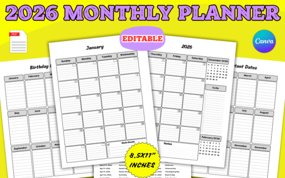 2026 Monthly Planner CANVA Template